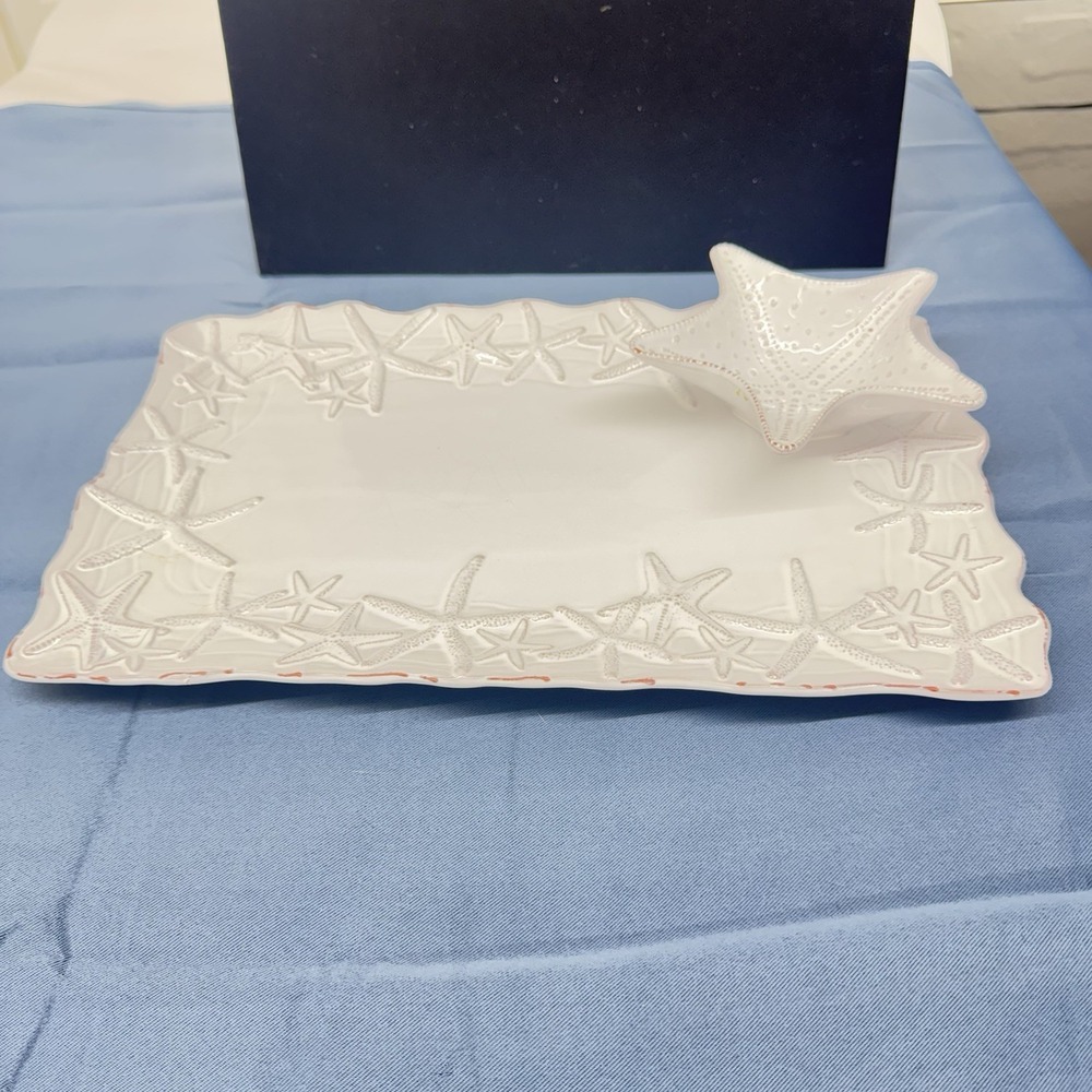 Mud Pie Cream Textured Shells Starfish - 2 Section Relish Serving Dish